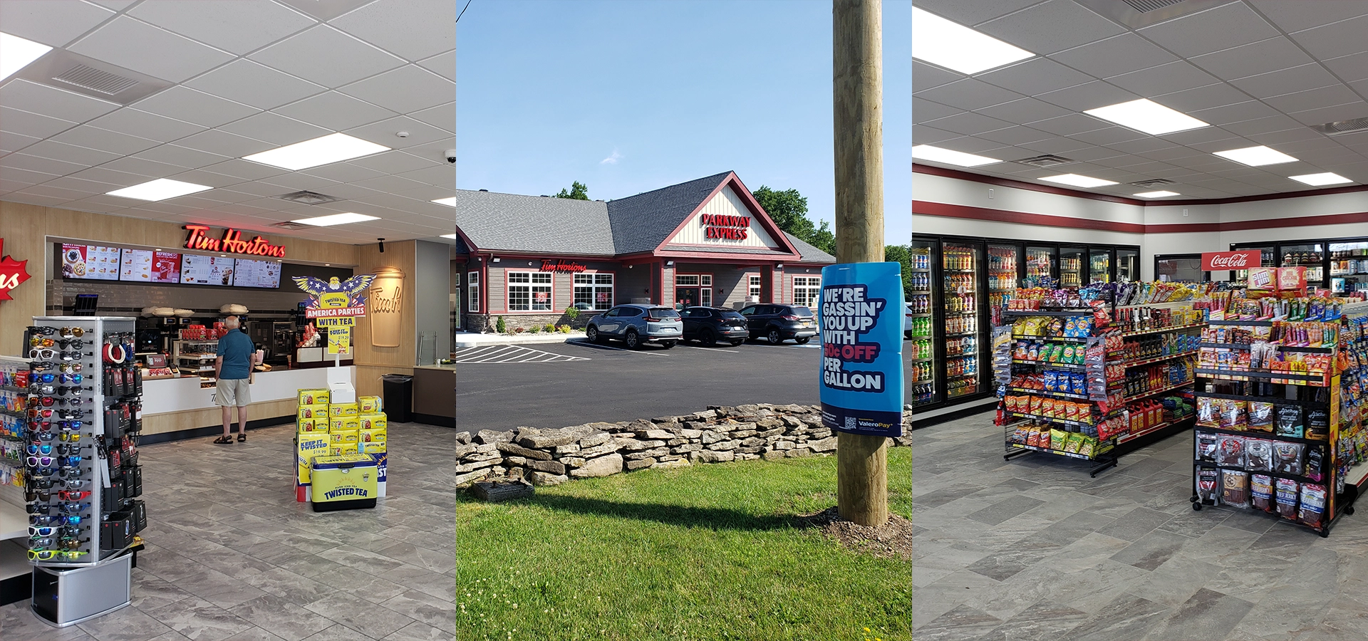 A collage of photos with the store 's entrance and the building.