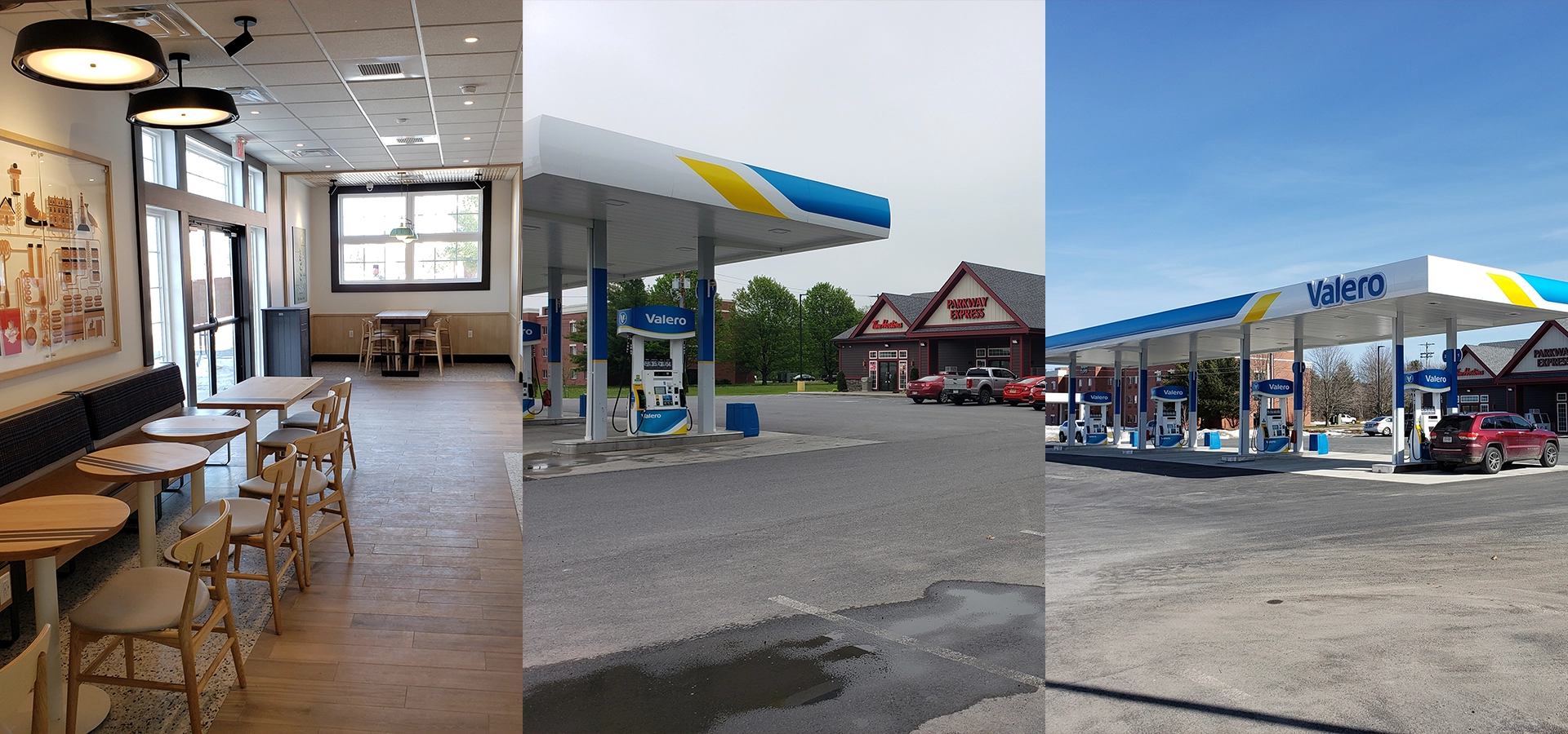 A collage of different locations with gas stations.