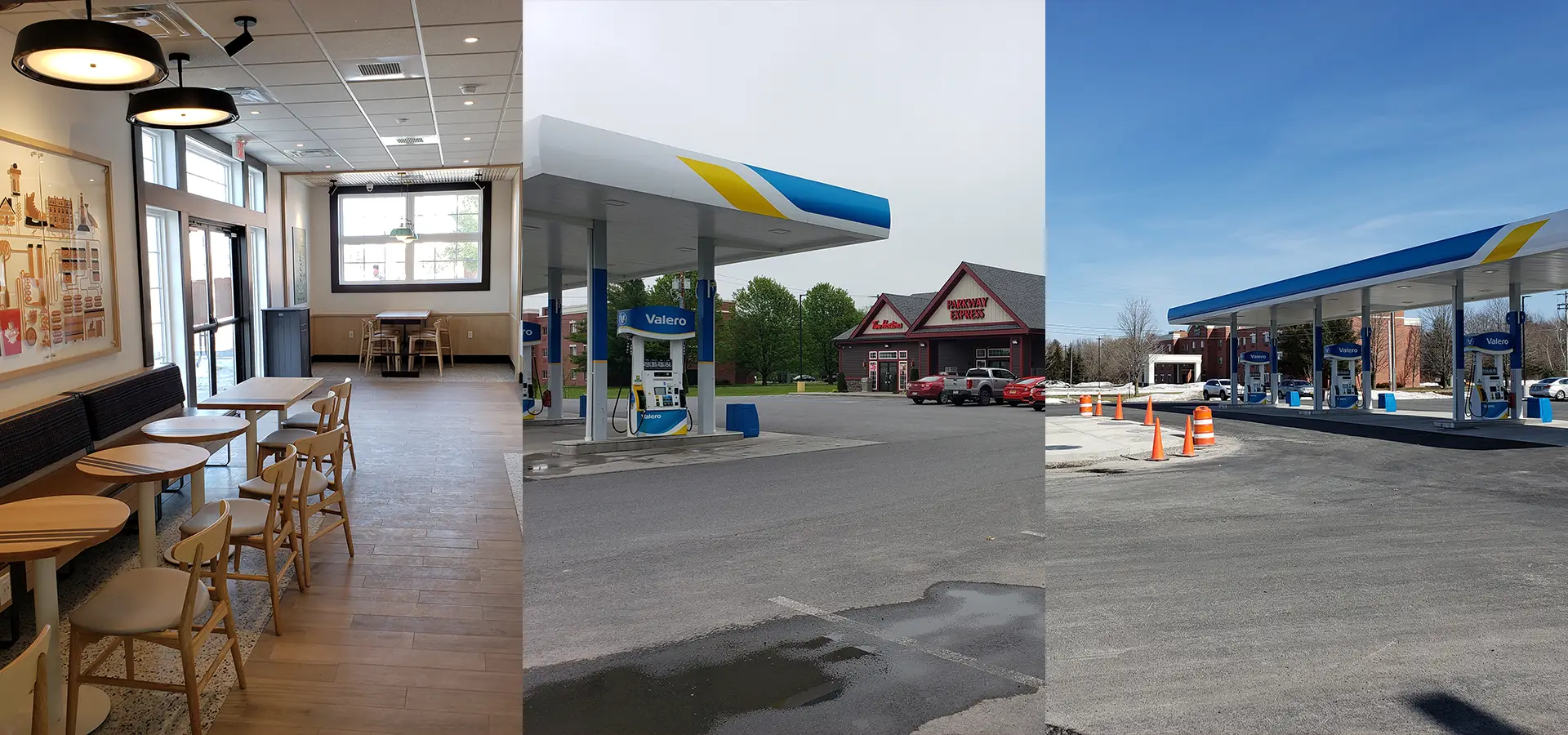 A collage of different locations with a gas station.